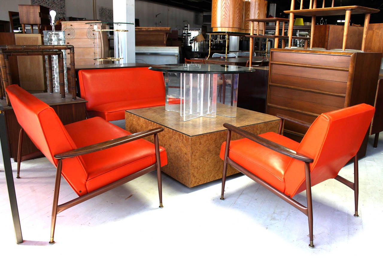 Orange Vinyl Sectional and Club Chair Set 4