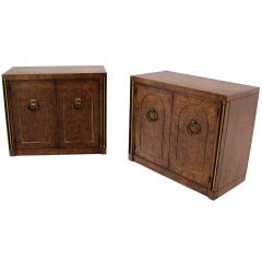 Pair of Burl Wood Walnut Brass Trim Mid Century Modern Bachelor Chests Cabinets