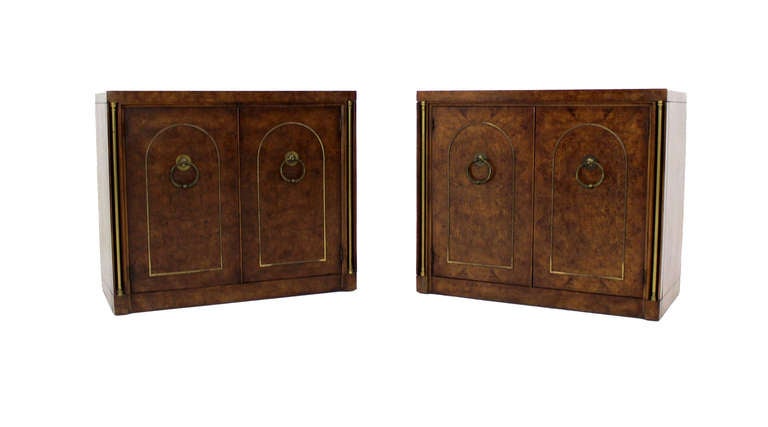 Pair of Burl Wood Walnut Brass Trim Mid Century Modern Bachelor Chests Cabinets 2