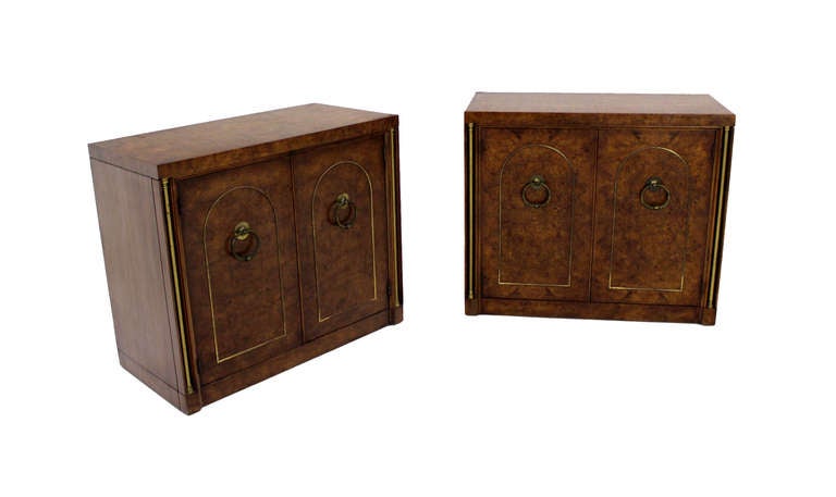 Lacquered Pair of Burl Wood Walnut Brass Trim Mid Century Modern Bachelor Chests Cabinets