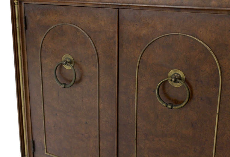 Pair of Burl Wood Walnut Brass Trim Mid Century Modern Bachelor Chests Cabinets In Excellent Condition In Rockaway, NJ