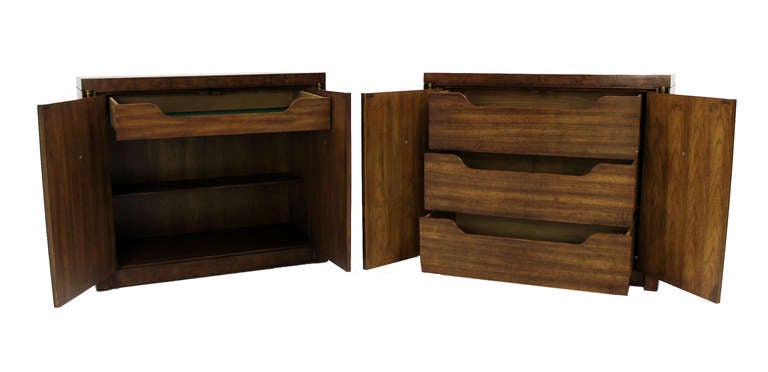 Mid-Century Modern Pair of Burl Wood Walnut Brass Trim Mid Century Modern Bachelor Chests Cabinets