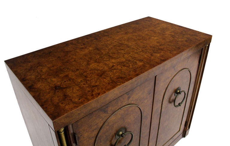 American Pair of Burl Wood Walnut Brass Trim Mid Century Modern Bachelor Chests Cabinets