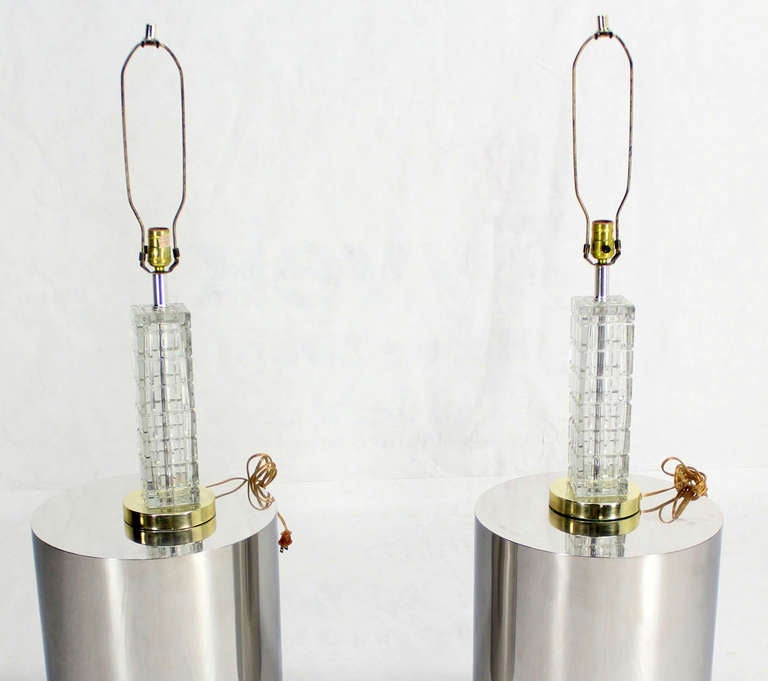 Portuguese Pair of Mid-Century Modern Crystal, Square Base Table Lamps