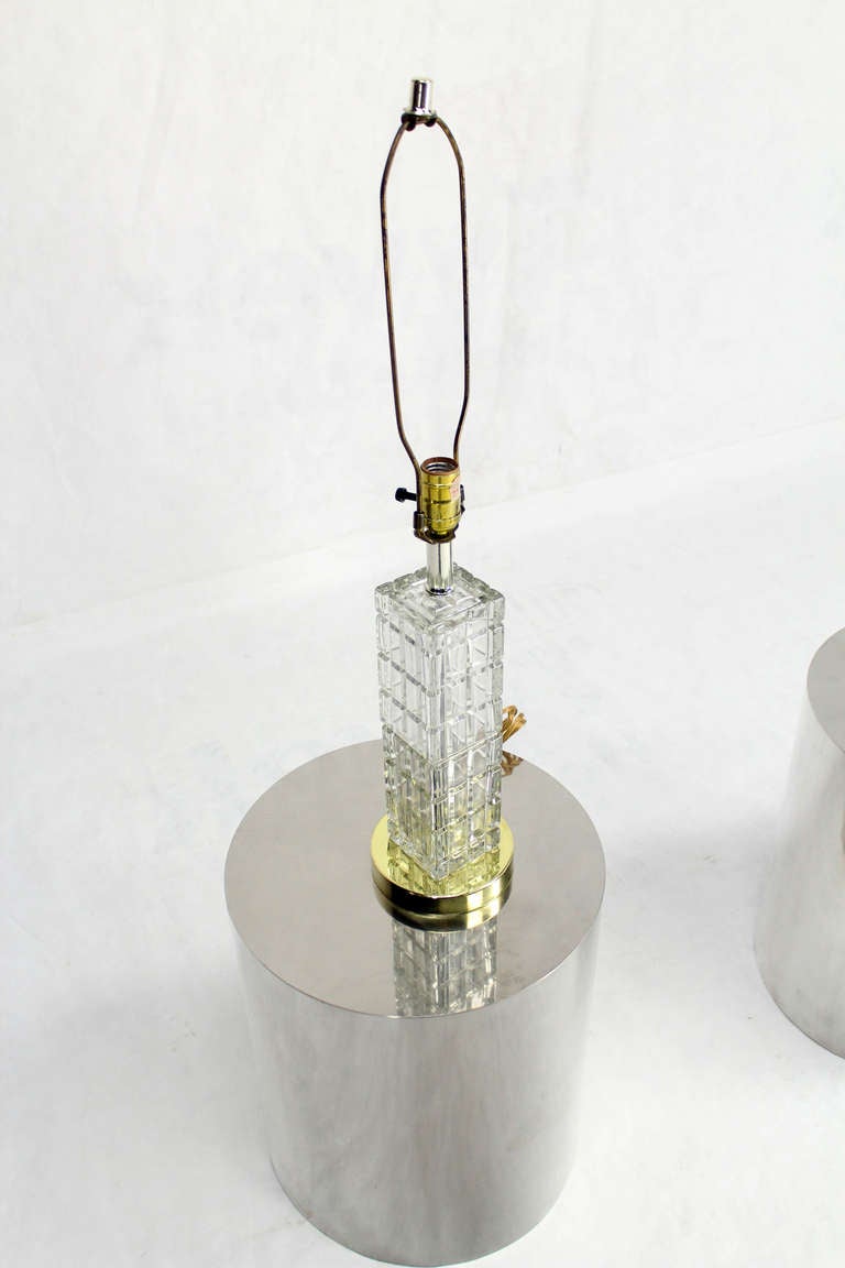 Pair of Mid-Century Modern Crystal, Square Base Table Lamps In Excellent Condition In Rockaway, NJ