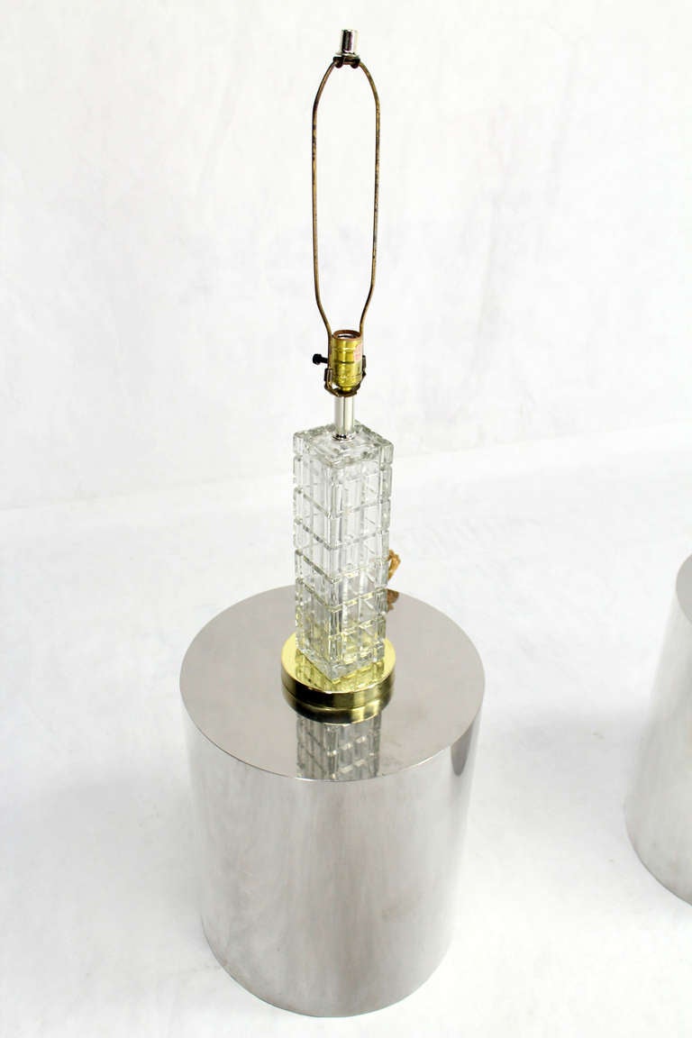 20th Century Pair of Mid-Century Modern Crystal, Square Base Table Lamps