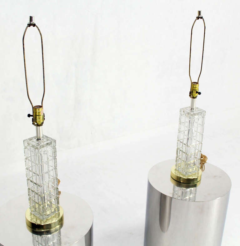 Pair of Mid-Century Modern Crystal, Square Base Table Lamps 1