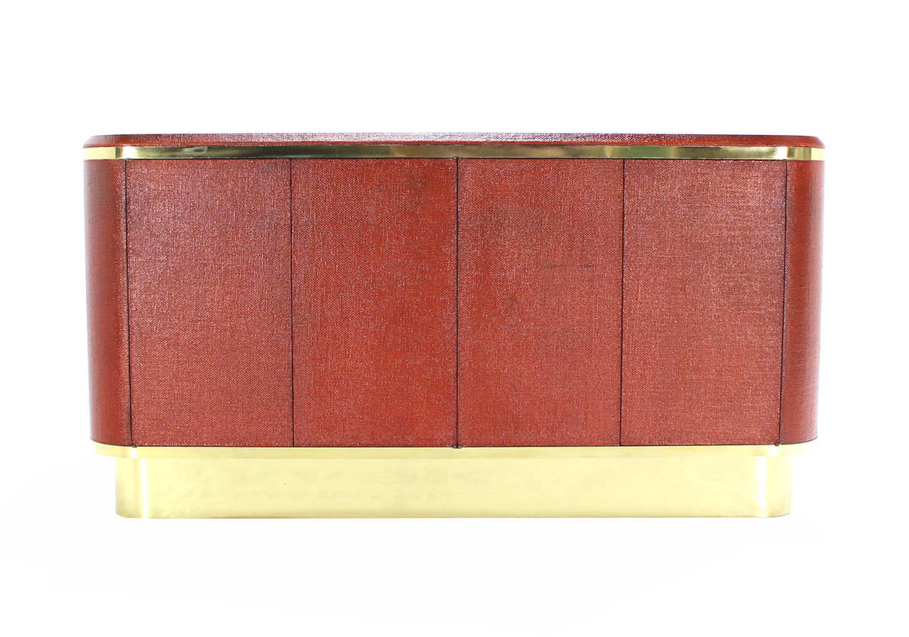 Mid-Century Modern Grass Cloth Brass Credenza or Cabinet or Sideboard Red Brick Color