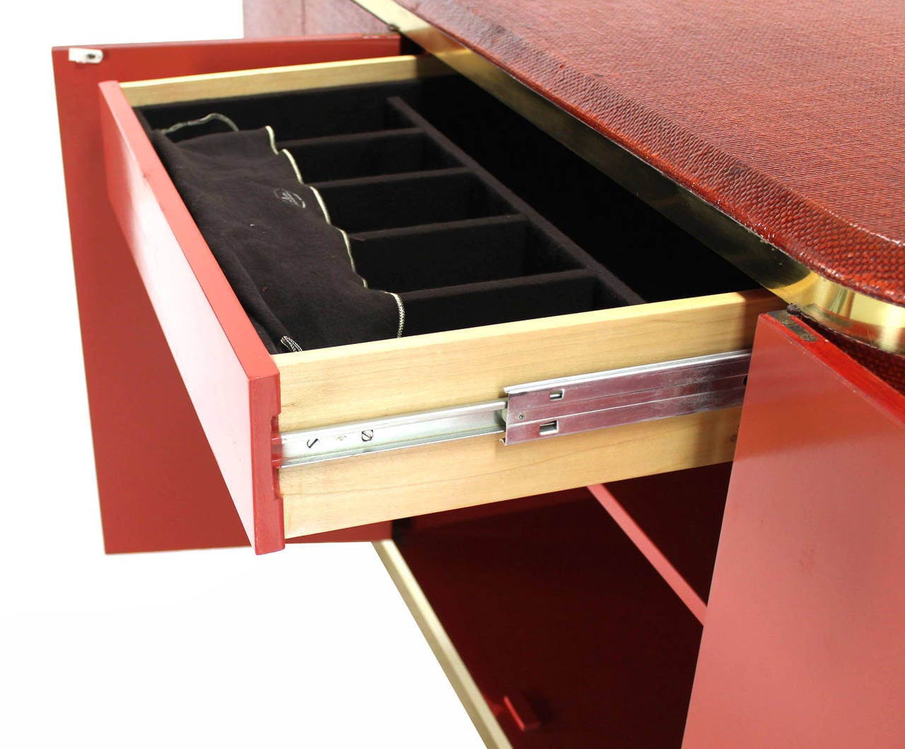 Lacquered Grass Cloth Brass Credenza or Cabinet or Sideboard Red Brick Color