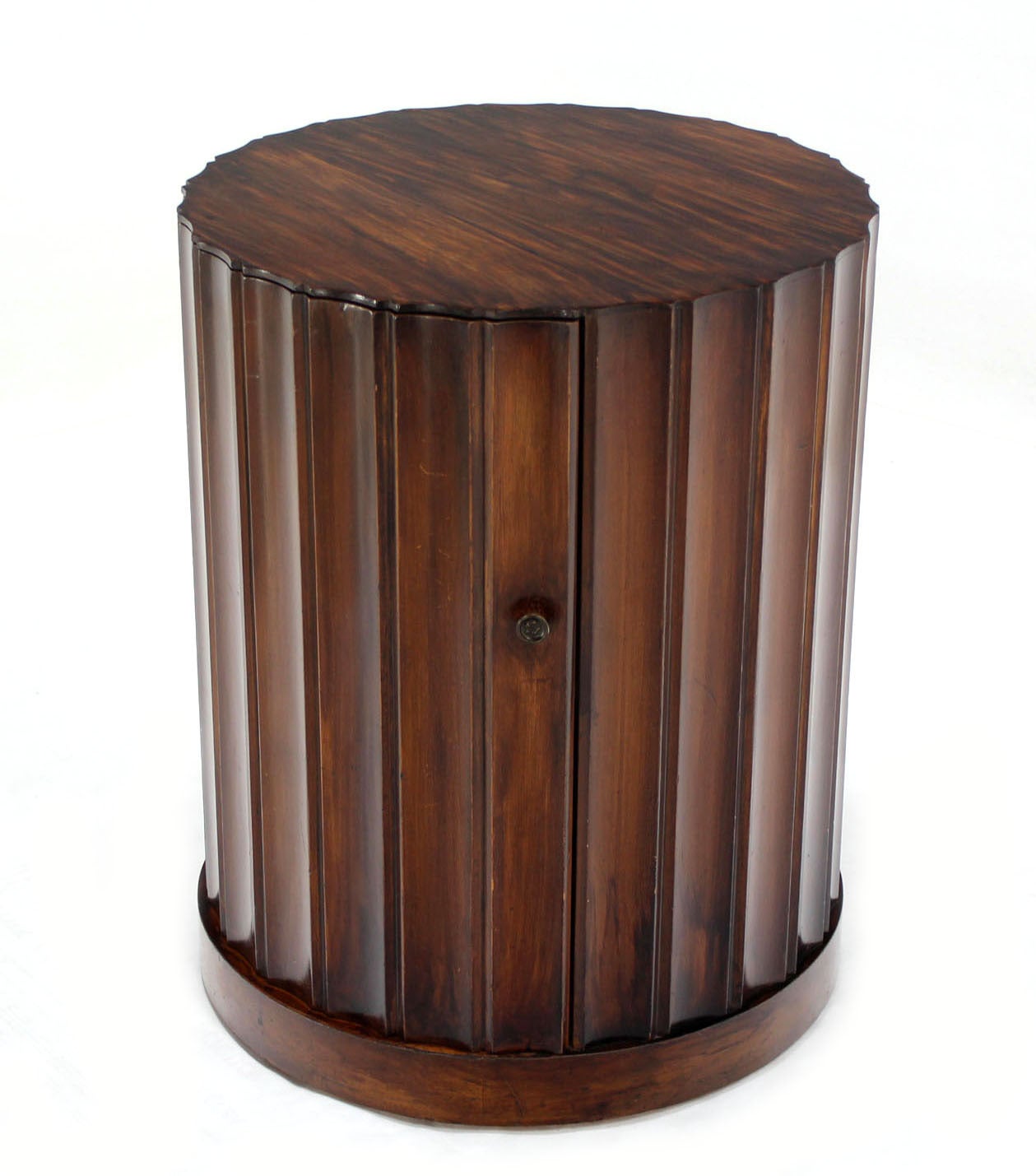 Walnut Round Mid-Century Modern Pedestal Storage Bar Cabinet