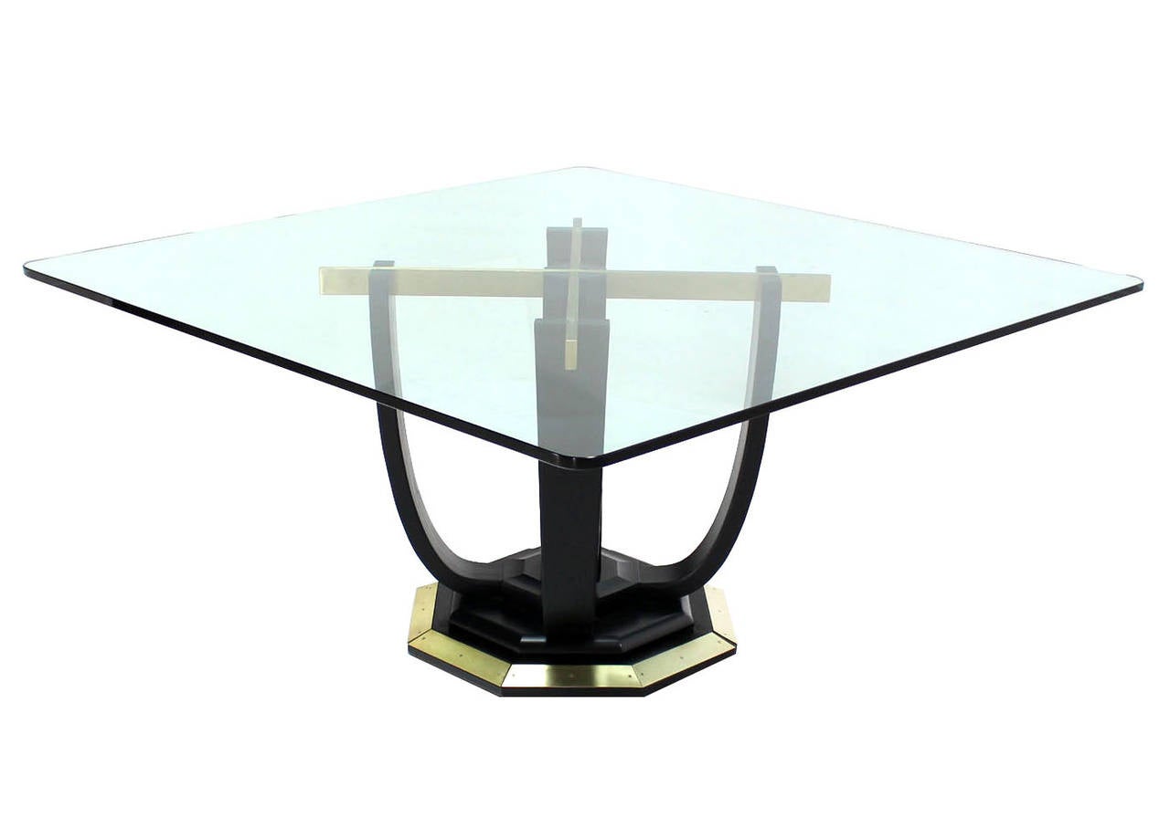 American Large Square Glass-Top Black Lacquer Brass Base Dining or Conference Table