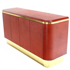 Grass Cloth Brass Credenza or Cabinet or Sideboard Red Brick Color