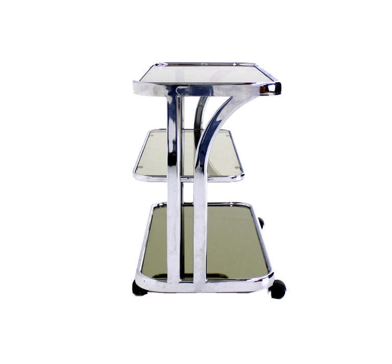 Chrome Smoked Glass Baughman Style Rolling Tea Cart Bard