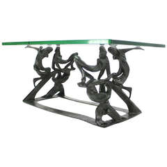 Modern Coffee Table with Thick Glass Top and Sculptural Solid Bronze Base Modern Coffee Table with Thick Glass Top and Sculptural Solid Bronze Base