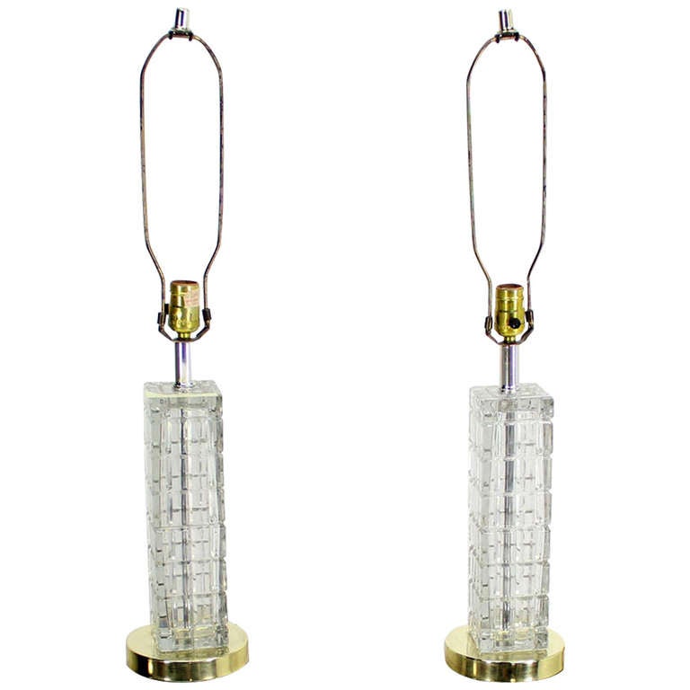 Pair of Mid-Century Modern Crystal, Square Base Table Lamps