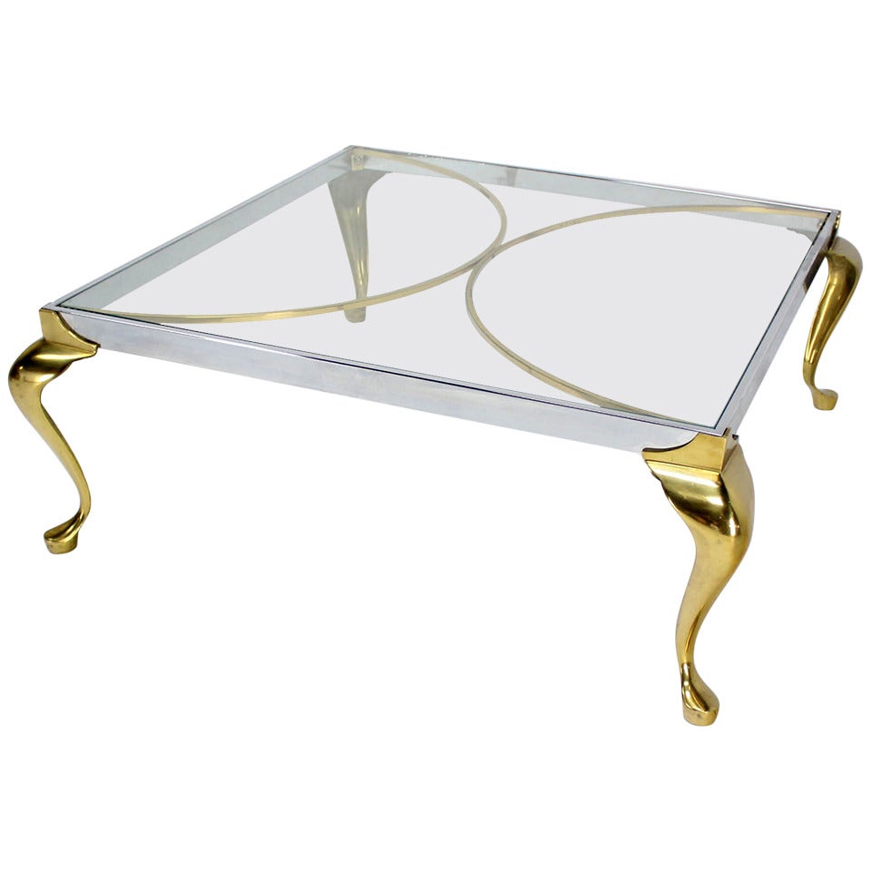 Mid-Century Modern Chrome and Brass Square Coffee Table