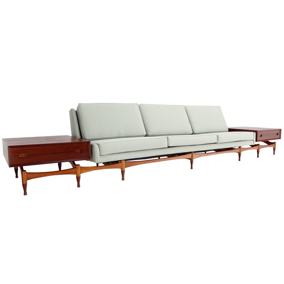 Danish Mid Century Modern Sofa Extra Long Built in Teak End Side Tables Drawers