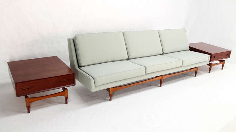Upholstery Danish Mid Century Modern Sofa Extra Long Built in Teak End Side Tables Drawers