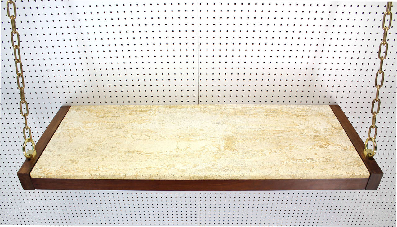 Mid-Century Modern Walnut and Travertine Heavy Solid Brass Hanging Shelf