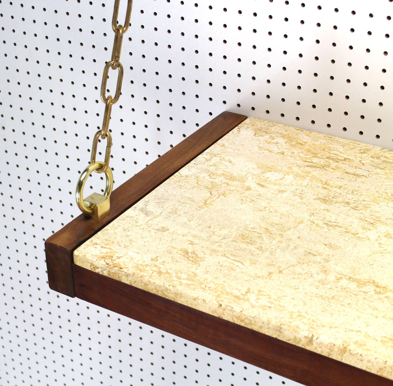 American Walnut and Travertine Heavy Solid Brass Hanging Shelf