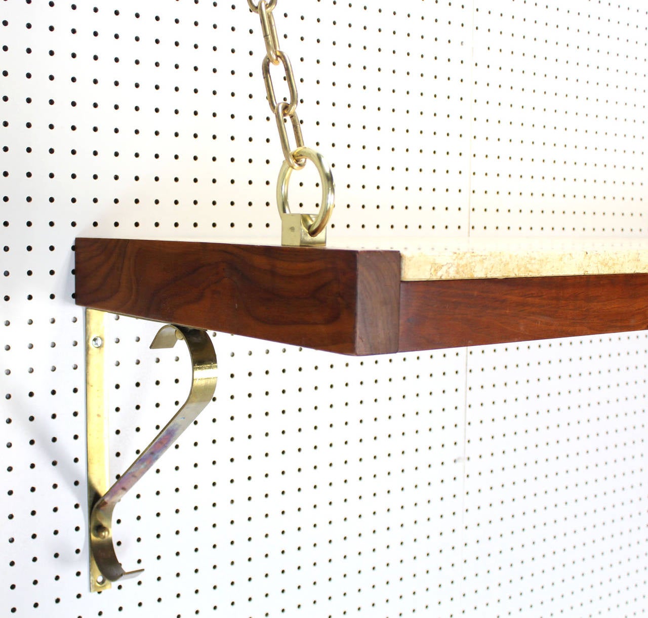 Walnut and Travertine Heavy Solid Brass Hanging Shelf In Excellent Condition In Rockaway, NJ