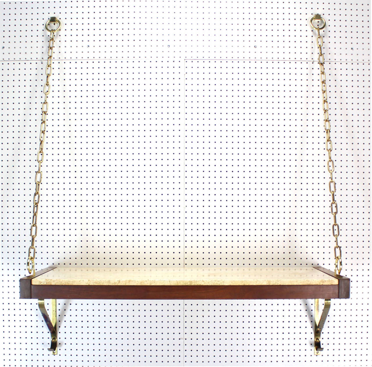 Walnut and Travertine Heavy Solid Brass Hanging Shelf 1