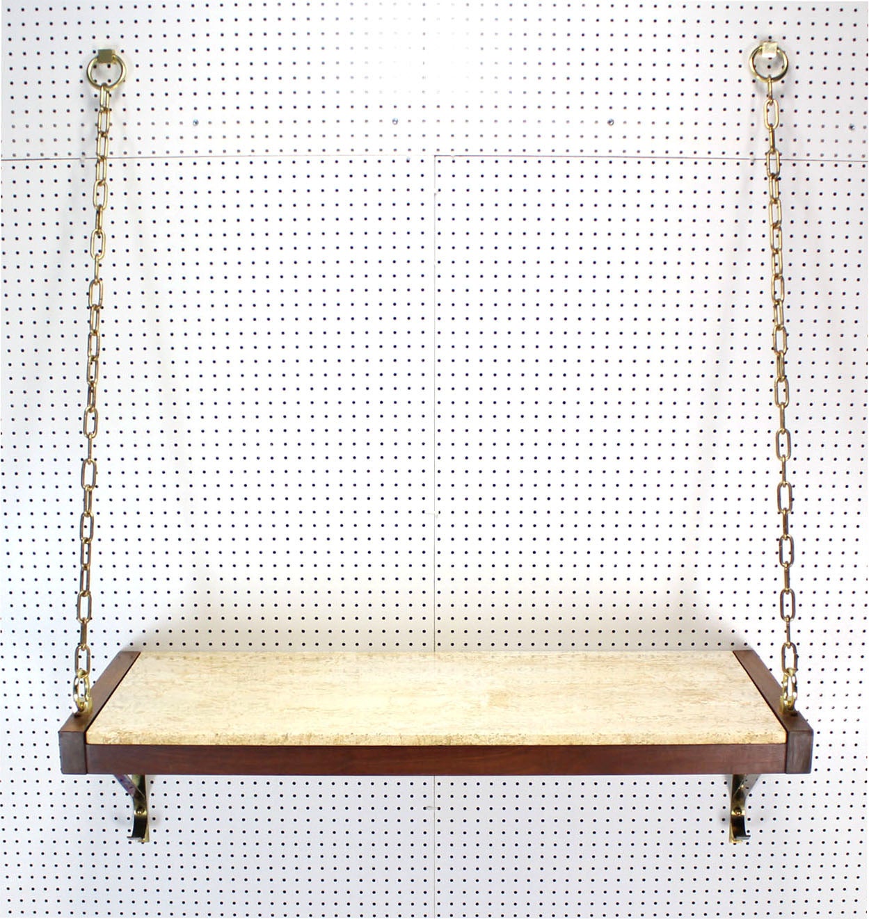 Very nice walnut and travertine shelf hanging on a heavy solid brass chain.