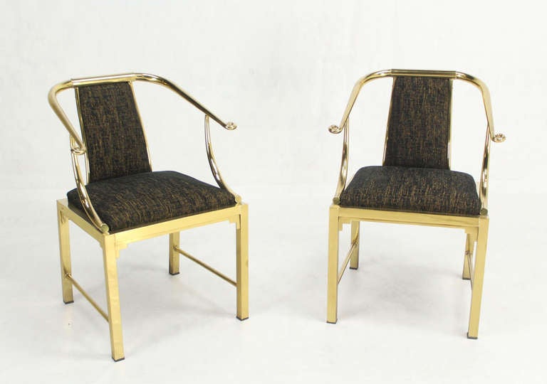 Pair of outstanding heavy brass barrel back chairs by Mastercraft newly upholstered in Kravet fabric.