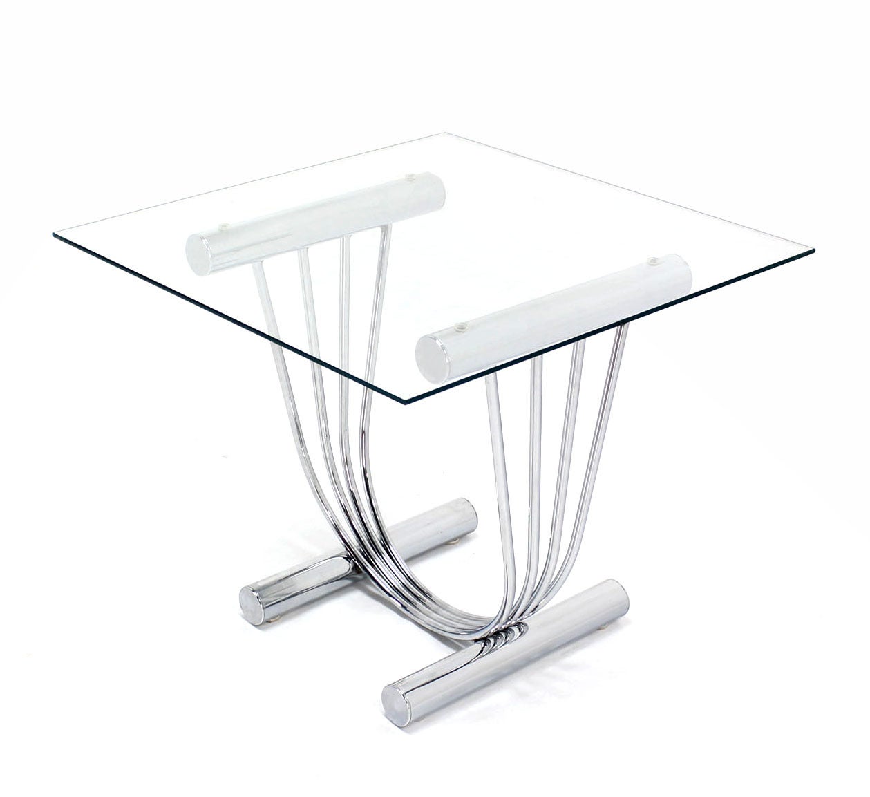Pair of chrome U shape bases  glass tops end side tables.