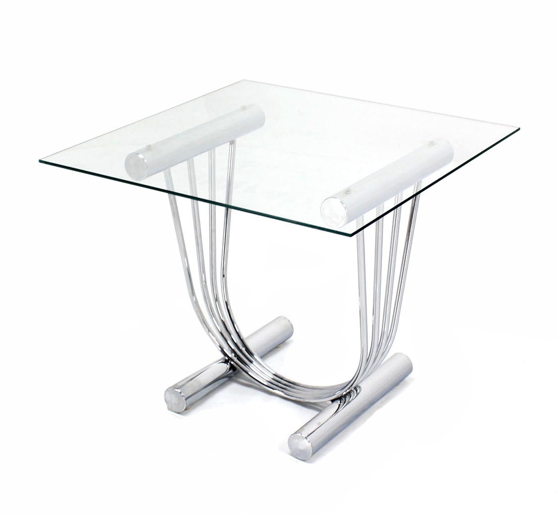 20th Century Pair of Chrome and Glass-Top End Tables with U-Shape Bases