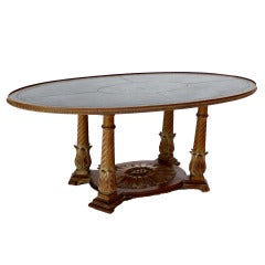 Elegant Carved Walnut Leather Top Oval Coffee Table Regency Style