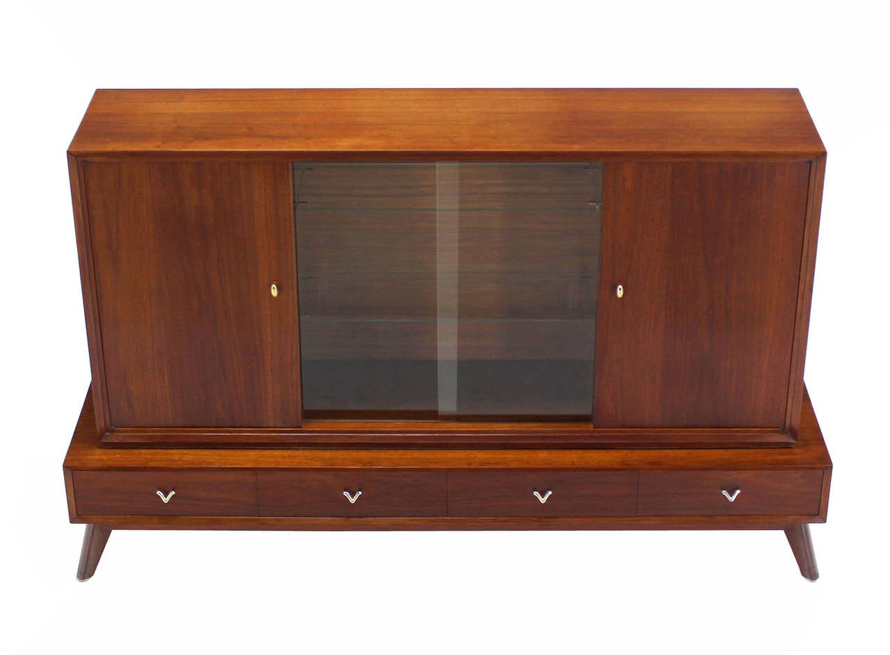 Two Part Mid Century Modern Walnut Credenza or Low China Cabinet In Good Condition In Rockaway, NJ