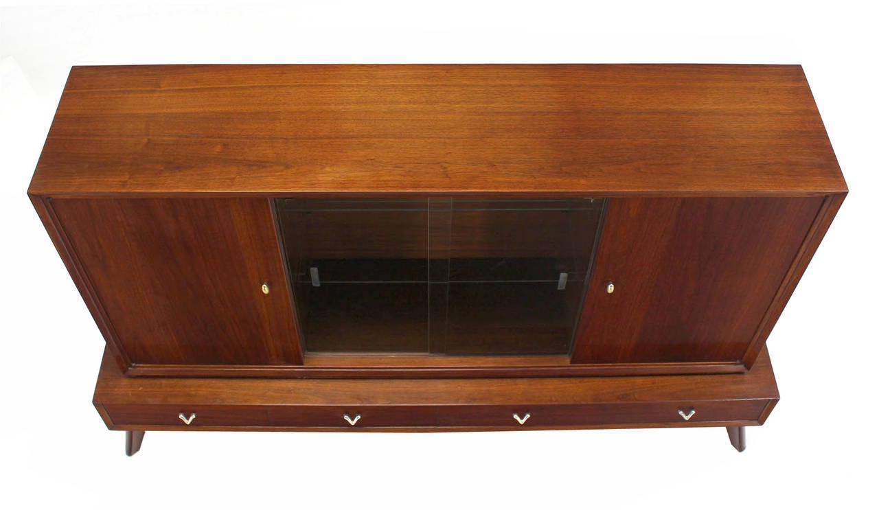 American Two Part Mid Century Modern Walnut Credenza or Low China Cabinet