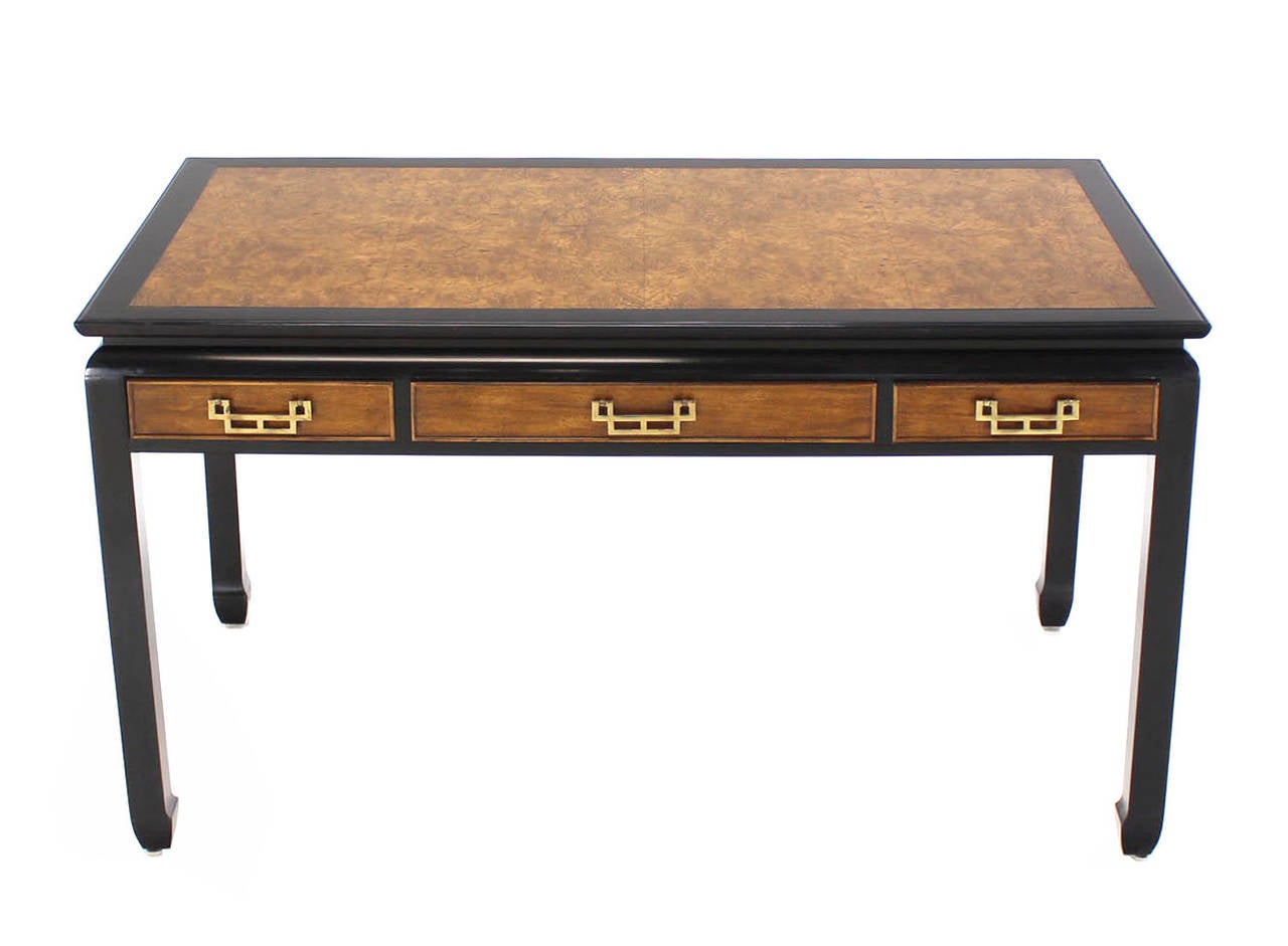Black lacquer burl wood mid century decorator desk with matching chair. Thick solid brass pulls.
19x18x40 - chair