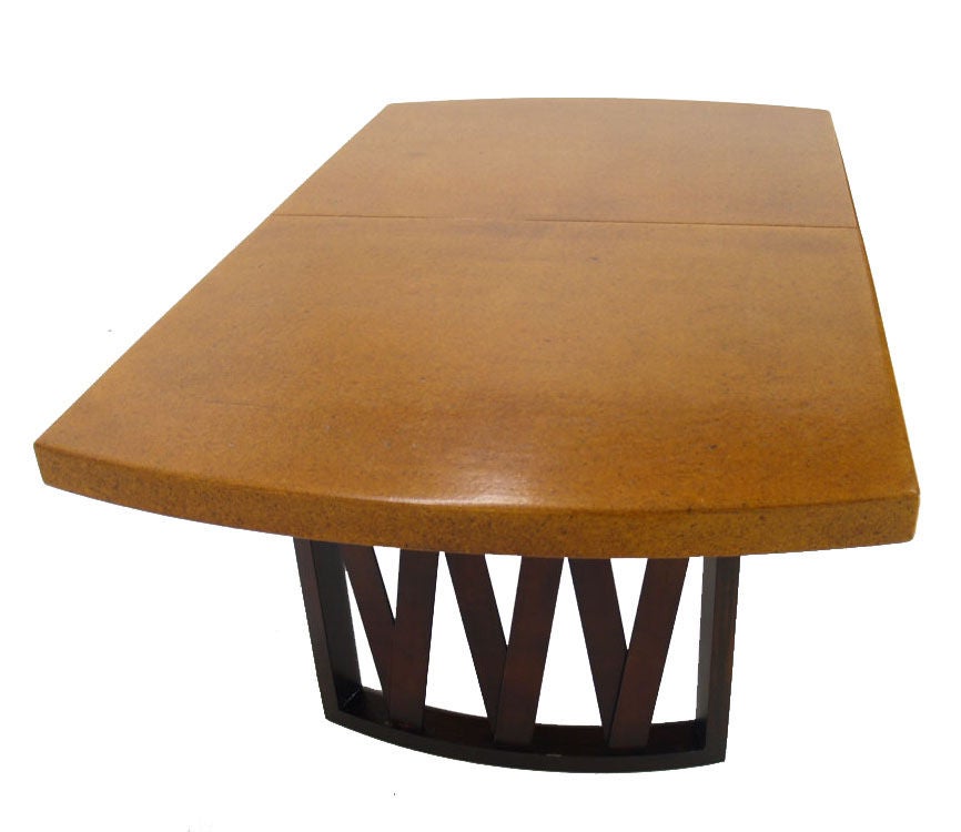 Paul Frankl for Johnson furniture cork top mahogany base table with 2 leaves.<br />
Part of 8 pcs DR set.