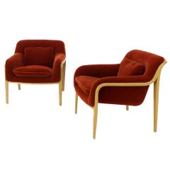 Pair of Bent Plywood Brown Red Mohair Upholstery Womb Lounge Chairs