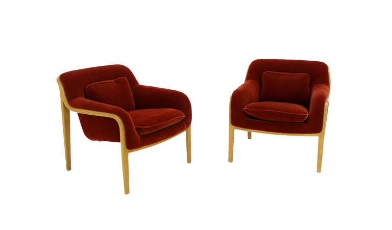 Pair of Bent Plywood Brown Red Mohair Upholstery Womb Lounge Chairs