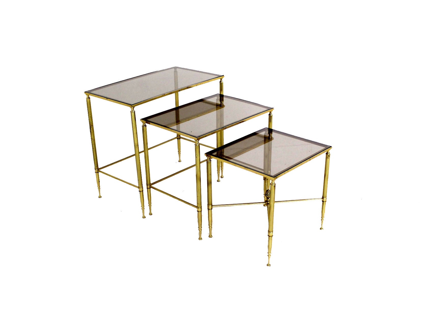 Solid Brass Smoked Glass Set of Three Nesting Stacking Tables