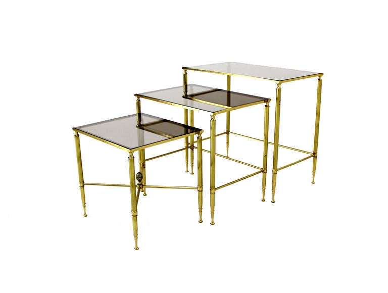 Solid Brass Smoked Glass Set of Three Nesting Stacking Tables In Excellent Condition For Sale In Rockaway, NJ