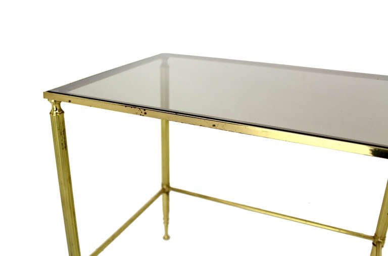 Polished Solid Brass Smoked Glass Set of Three Nesting Stacking Tables For Sale