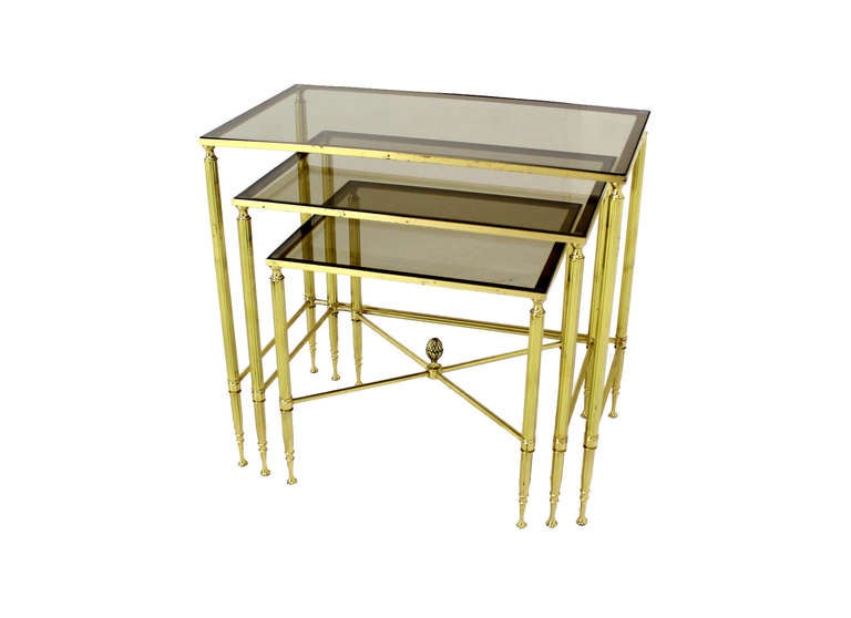 American Solid Brass Smoked Glass Set of Three Nesting Stacking Tables For Sale