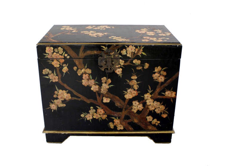 20th Century Oriental Hand Painted Black Lacquer Bar Chest Electric Lift Shelf