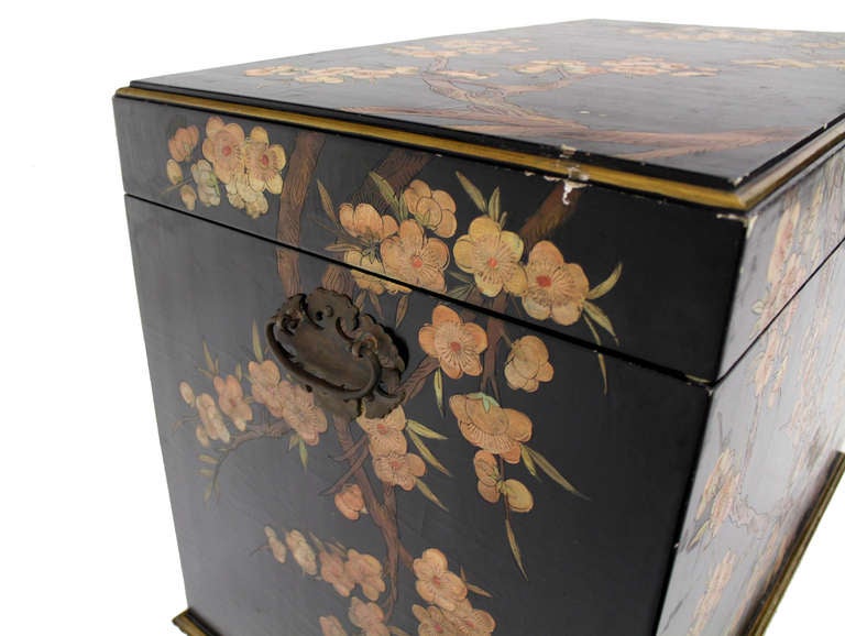 Mid-Century Modern Oriental Hand Painted Black Lacquer Bar Chest Electric Lift Shelf