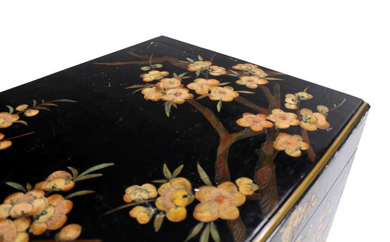 Japanese Oriental Hand Painted Black Lacquer Bar Chest Electric Lift Shelf