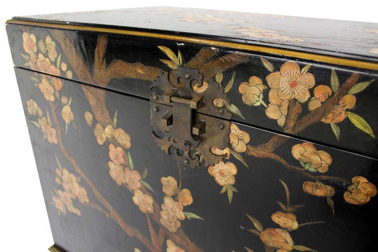 Very nicely painted vintage Oriental chest equipped with an electric up and down bottom/shelf.