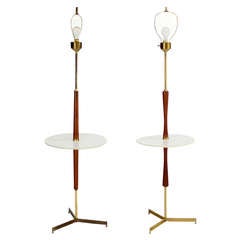 Pair of Mid Century Walnut 
Brass Floor Lamps with End Tables