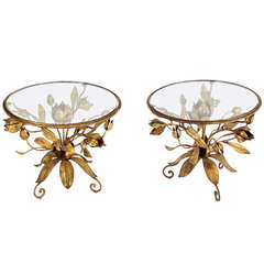 Pair of Italian Round Gold Gilt Flowers End Tables in Arthur Court Style