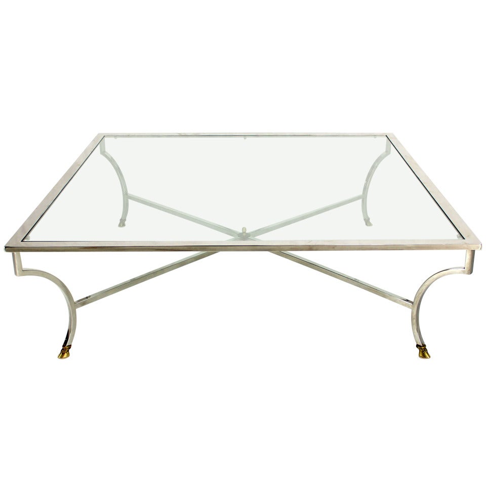 Oversized 54" Square Chrome & Brass Hoof Mid Century Modern Coffee Table Jansen