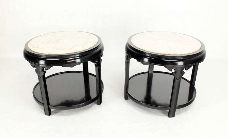 Pair of black lacquer Asian inspired marble top end tables stands 
