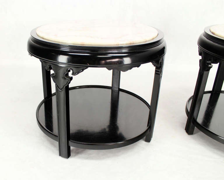 Mid-Century Modern Pair of Round Black Lacquer Asian Inspired Marble-Top End Tables